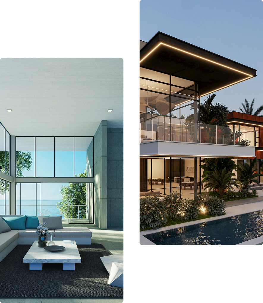Luxury house with pool at dusk